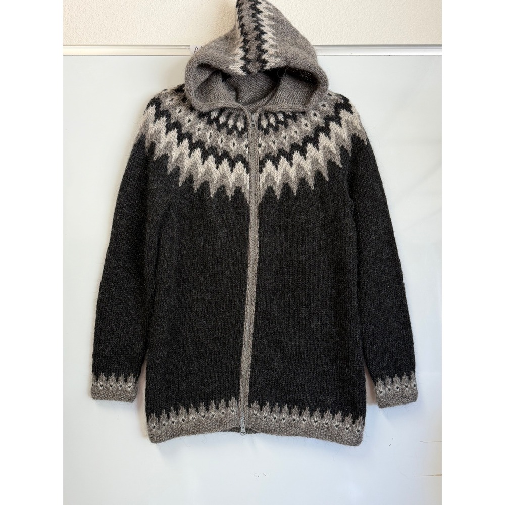 Rare Handknitting Association of Iceland Wool Zip Hooded Fair Isle Sweater XXL